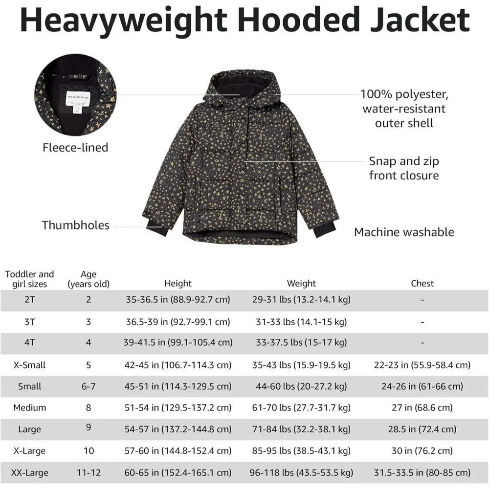 Girls Heavyweight Hooded Puffer Coat, Water-Resistant